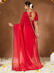 Women's Chiffon Red Embellished Designer Saree With Blouse Piece