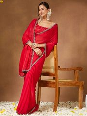 Women's Chiffon Red Embellished Designer Saree With Blouse Piece