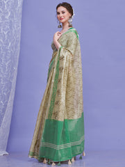 ساري نسائي أبيض من الكتان المنسوج بتصميم فاخر مع قطعة بلوزة