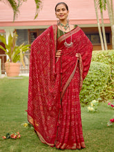 Women's Chiffon Red Printed Designer Saree With Blouse Piece