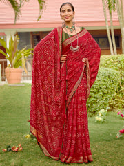 Women's Chiffon Red Printed Designer Saree With Blouse Piece