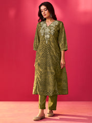 Green Embroidered Straight Kurta Trousers Set
