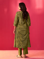Green Embroidered Straight Kurta Trousers Set