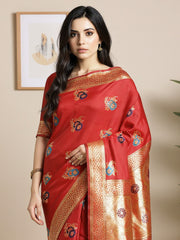 Women's Silk Blend Red Woven Design DesignerSaree With Blouse Piece