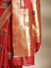 Women's Silk Blend Red Woven Design DesignerSaree With Blouse Piece