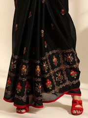 ساري نسائي أسود مطبوع من حرير الجوت مع قطعة بلوزة