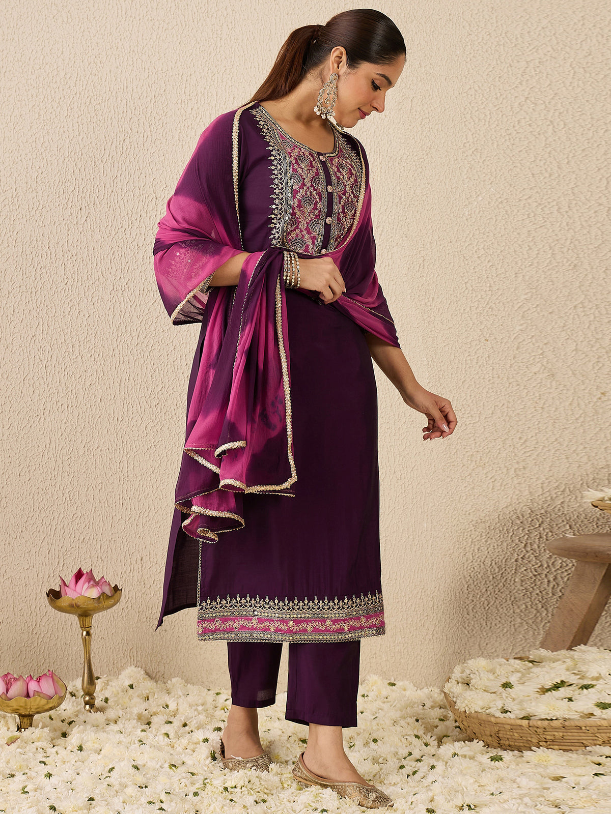 Purple Embroidered Straight Kurta Trousers With Dupatta Set-KH9PR11942