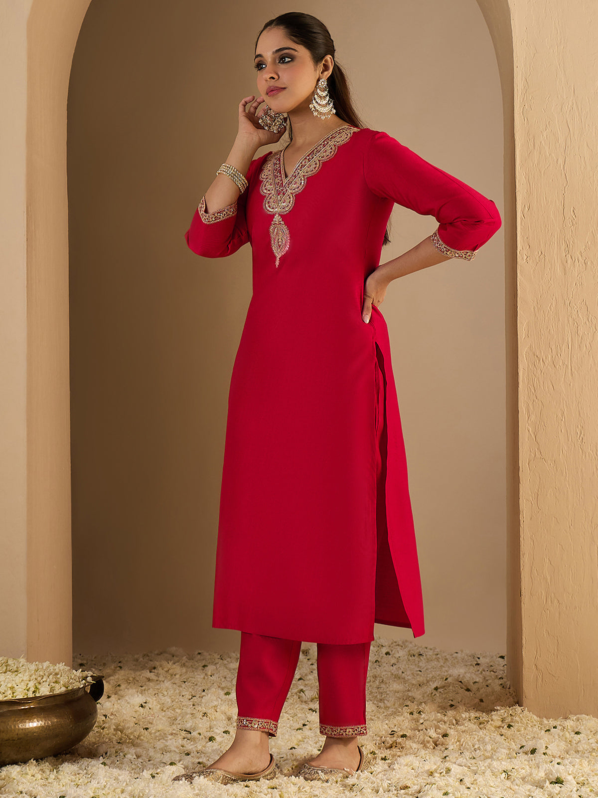 Red Embroidered Straight Kurta Trousers Set