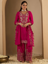 Pink Embroidered Straight Kurta Palazzos With Dupatta Set