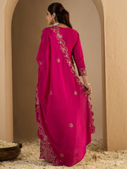 Pink Embroidered Straight Kurta Palazzos With Dupatta Set