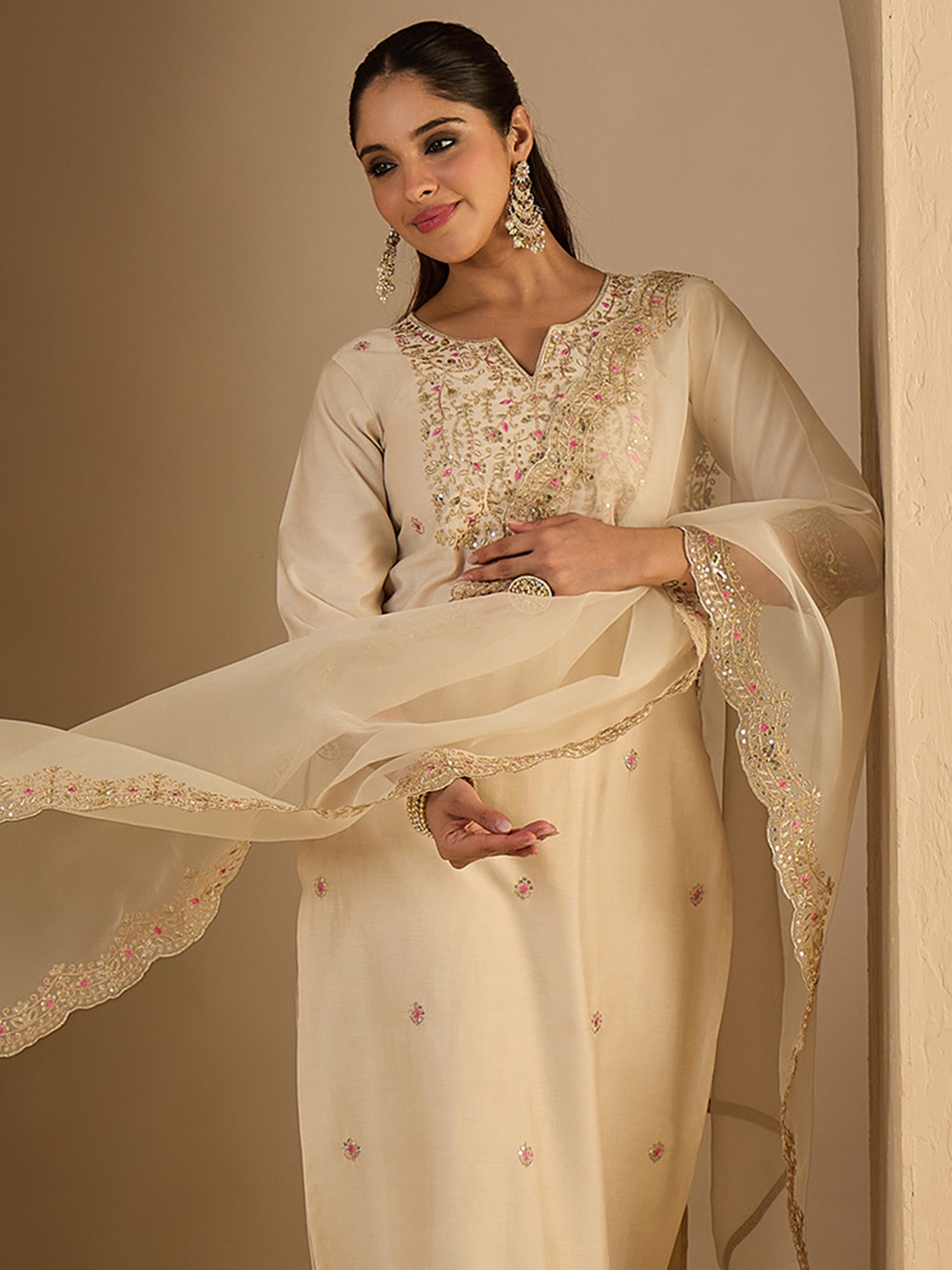 Off White Embroidered Straight Kurta Trousers With Dupatta Set