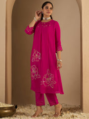 Indo Era Pink Embroidered A-Line Kurta Trousers Set