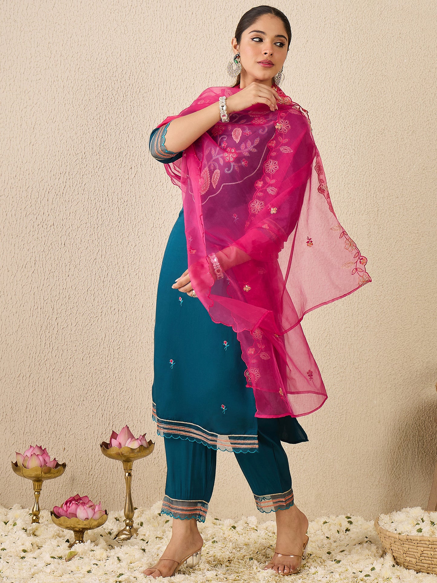 Blue Embroidered Straight Kurta Trousers With Dupatta Set