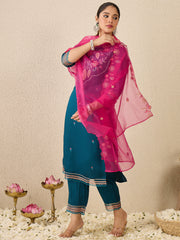 Blue Embroidered Straight Kurta Trousers With Dupatta Set