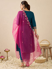 Blue Embroidered Straight Kurta Trousers With Dupatta Set