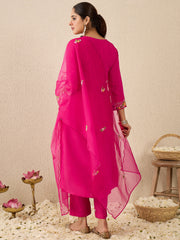 Pink Embroidered Straight Kurta Trousers With Dupatta Set