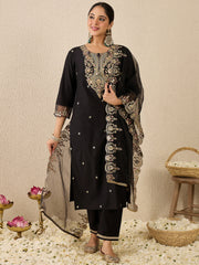 Black Embroidered Straight Kurta Trousers With Dupatta Set