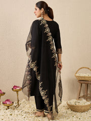 Black Embroidered Straight Kurta Trousers With Dupatta Set