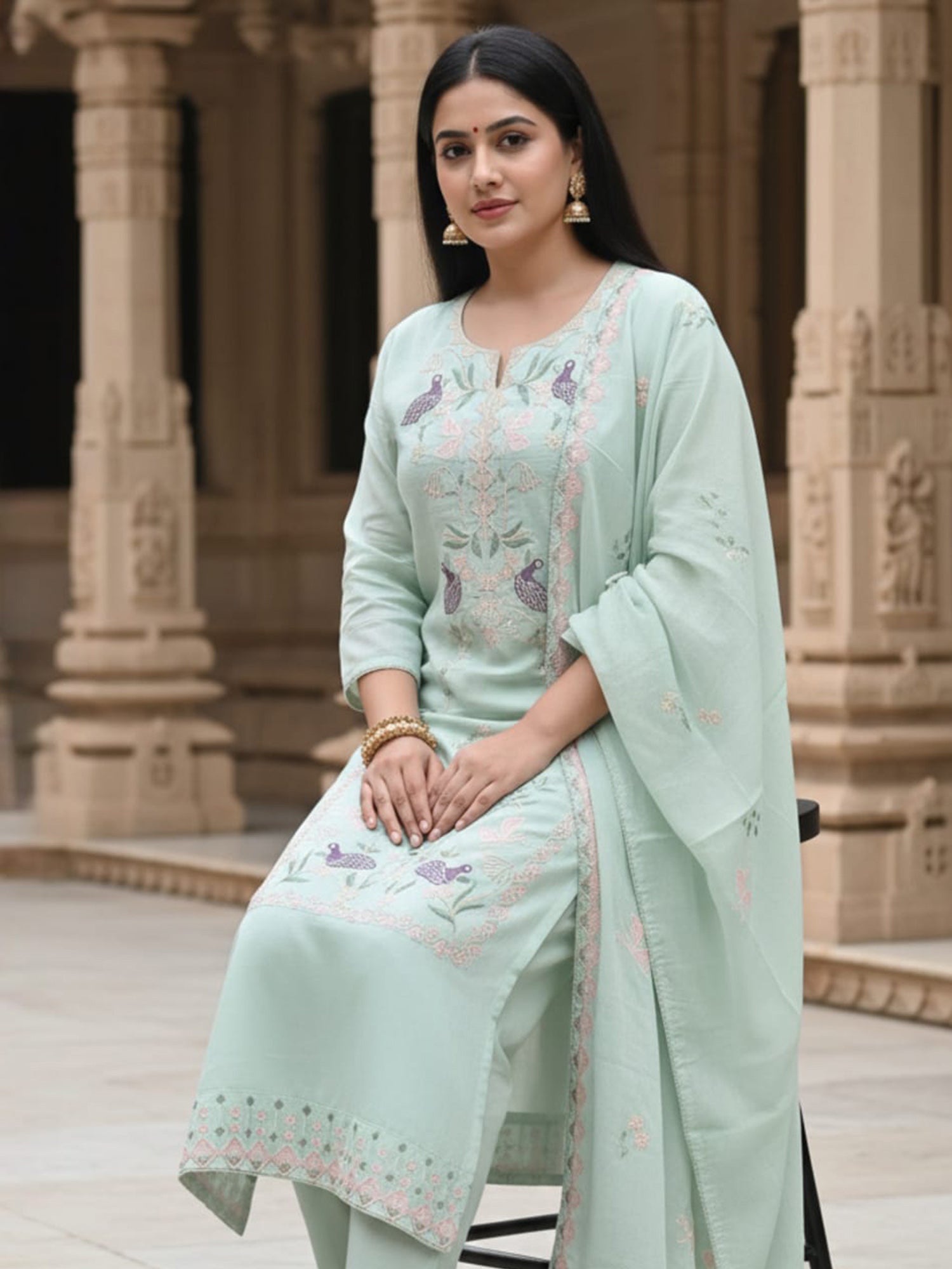 Green Embroidered Straight Kurta Trousers With Dupatta Set