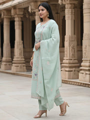 Green Embroidered Straight Kurta Trousers With Dupatta Set