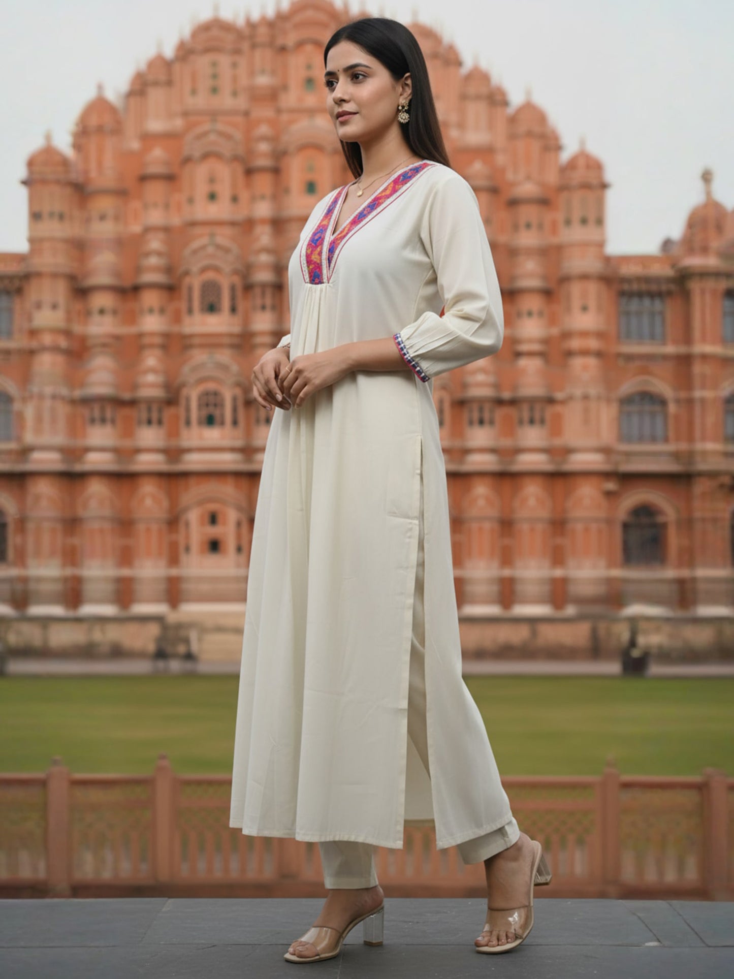 Off White Embroidered A-Line Kurta Trousers Set
