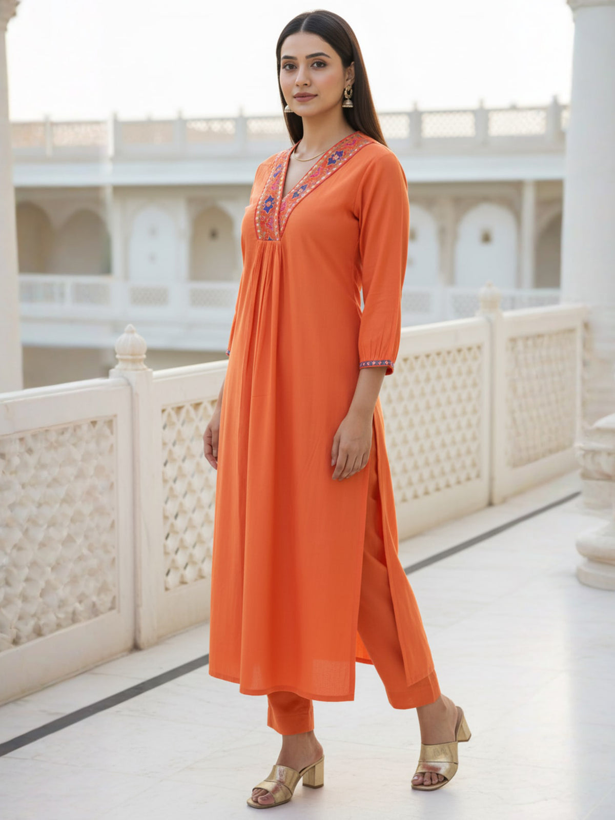 Orange Embroidered Straight Kurta Trousers Set