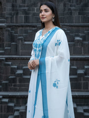 White Embroidered A-Line Kurta Trousers With Dupatta Set