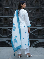 White Embroidered A-Line Kurta Trousers With Dupatta Set