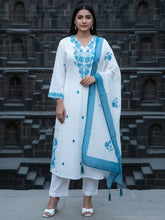 White Embroidered A-Line Kurta Trousers With Dupatta Set