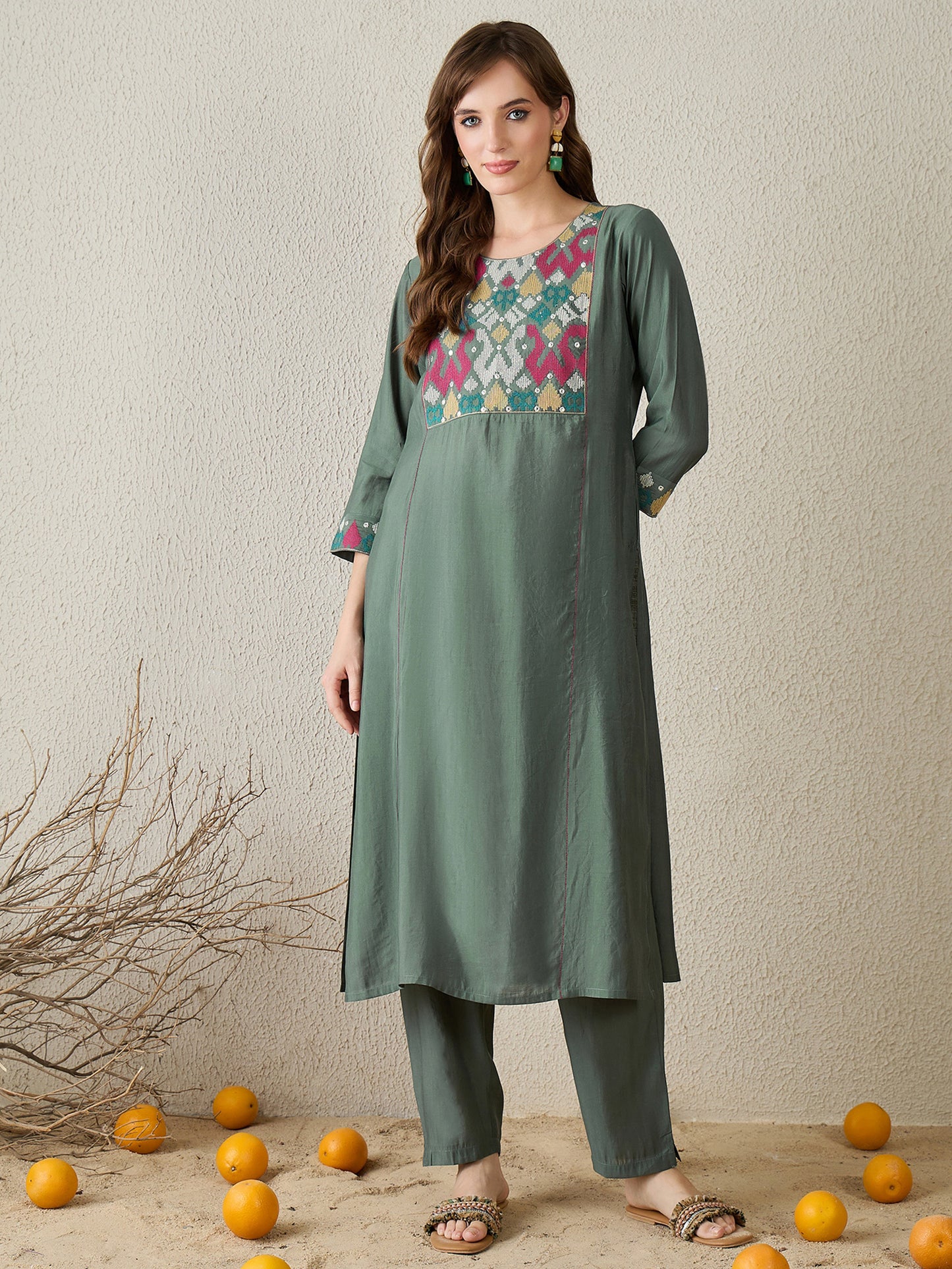 Grey Embroidered Straight Kurta Trousers Set
