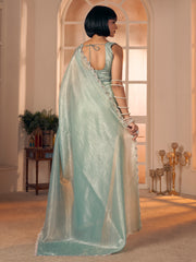 Women's Pure Silk Aqua Blue Embellished DesignerSaree With Blouse Piece