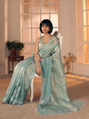 Women's Pure Silk Aqua Blue Embellished DesignerSaree With Blouse Piece