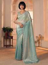 Women's Pure Silk Aqua Blue Embellished DesignerSaree With Blouse Piece