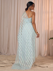 Women's Georgette Light Blue Embellished DesignerSaree With Blouse Piece