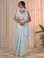 Women's Georgette Light Blue Embellished DesignerSaree With Blouse Piece