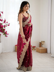 Women's Chiffon Burgundy Embellished DesignerSaree With Blouse Piece