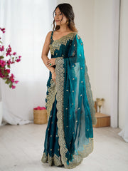 Women's Chiffon Teal blue Embellished DesignerSaree With Blouse Piece