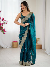 Women's Chiffon Teal blue Embellished DesignerSaree With Blouse Piece