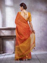 ساري نسائي من الكتان بلون الصدأ بتصميم منسوج مع قطعة بلوزة