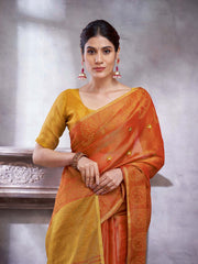 ساري نسائي من الكتان بلون الصدأ بتصميم منسوج مع قطعة بلوزة