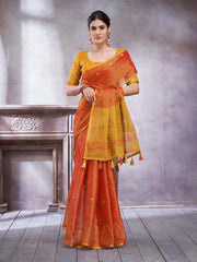 ساري نسائي من الكتان بلون الصدأ بتصميم منسوج مع قطعة بلوزة