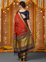 Women's Aura Red Embroidered DesignerSaree With Blouse Piece