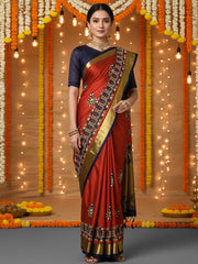 Women's Aura Red Embroidered DesignerSaree With Blouse Piece