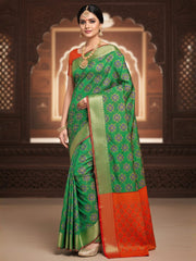 Women's Silk Blend Green Printed DesignerSaree With Blouse Piece