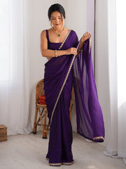 Women's Pure Georgette Purple Embellished Designer Saree With Blouse Piece