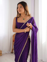 Women's Pure Georgette Purple Embellished Designer Saree With Blouse Piece