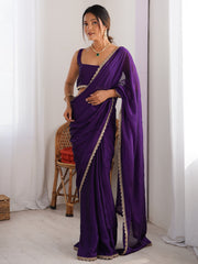 Women's Pure Georgette Purple Embellished Designer Saree With Blouse Piece