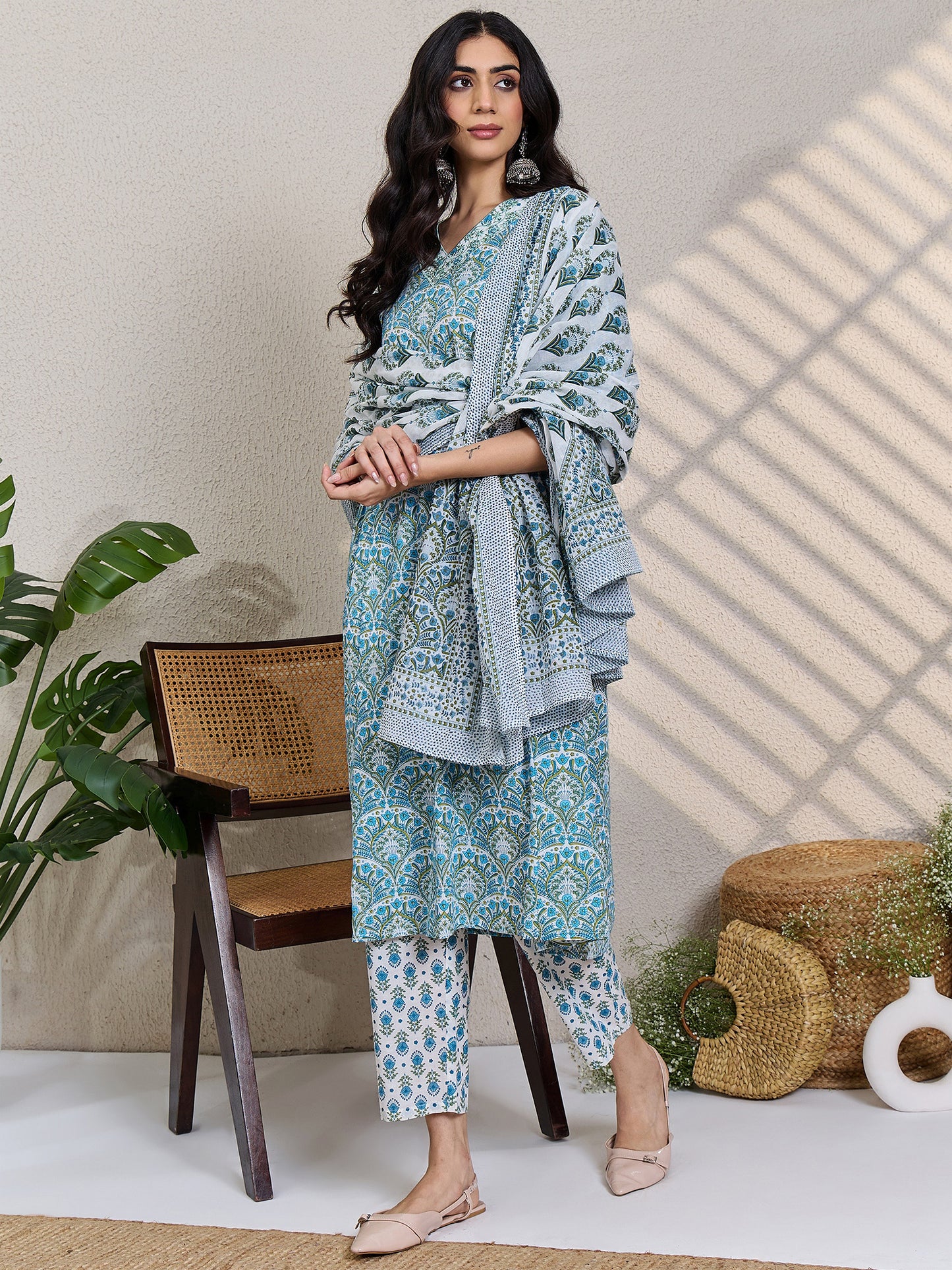 White Printed Straight Kurta Trousers With Dupatta Set