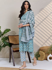 White Printed Straight Kurta Trousers With Dupatta Set