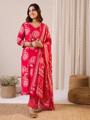 Pink Printed Straight Kurta Trousers With Dupatta Set